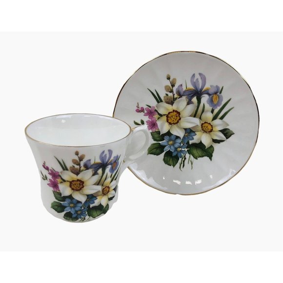 Springfield Tea Cup Saucer England Iris Daffodil Gold Trim Fine Bone China - Picture 9 of 10